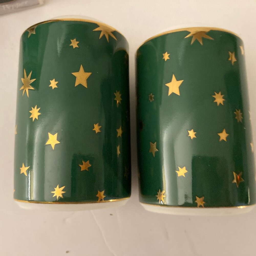Galaxy Vintage  Porcelain By Sakura Salt & Pepper Shakers Green Gold Stars